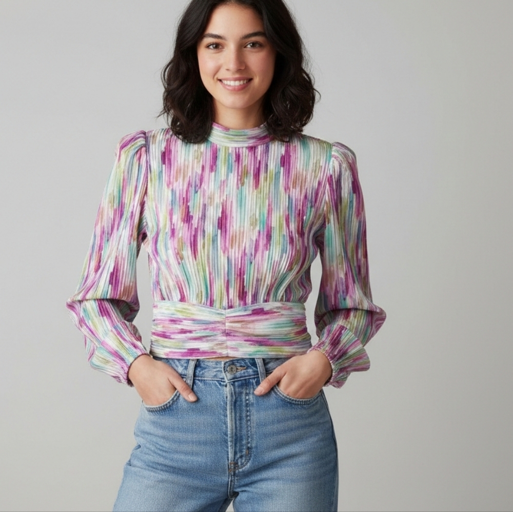 Multi Allover Print Mock Neck Keyhole Back Ruched Lantern Sleeve Blouse Size 4